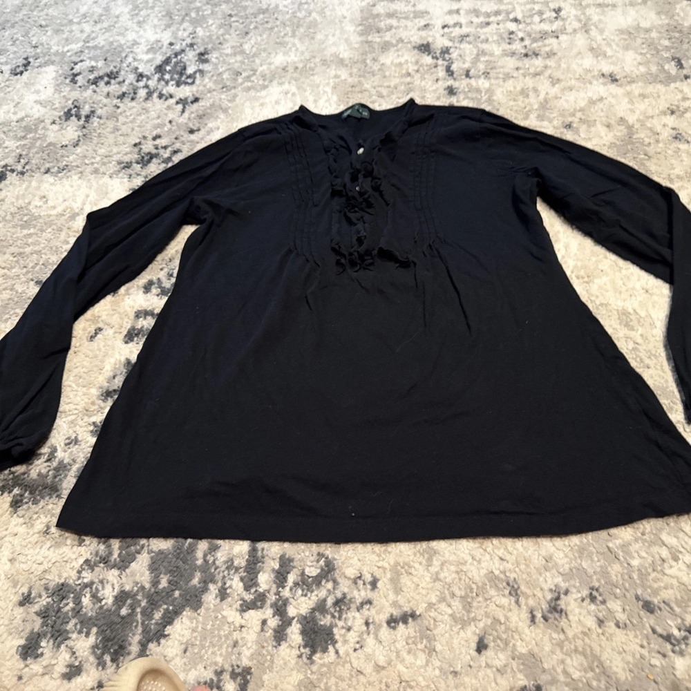 LRL Lauren Jeans Womens Sz XL X-large Black Ruffle Shirt 3/4 Button Long Sleeve